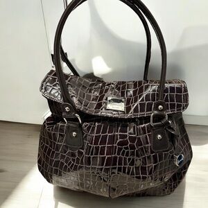 Harrods Dark Brown Croc-Embossed Shoulder Bag